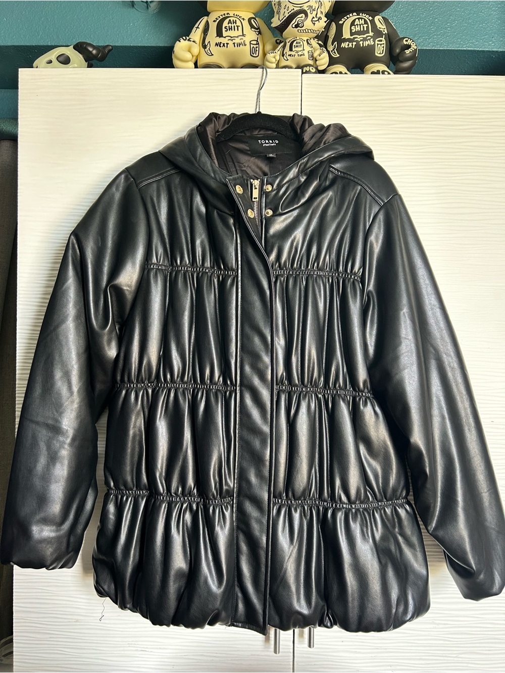 torrid Black Faux Leather Hooded Puffer Jacket
